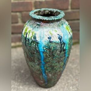 VTG HAND spun Green/Blue Nature-Inspired Ceramic Volcano  Vase